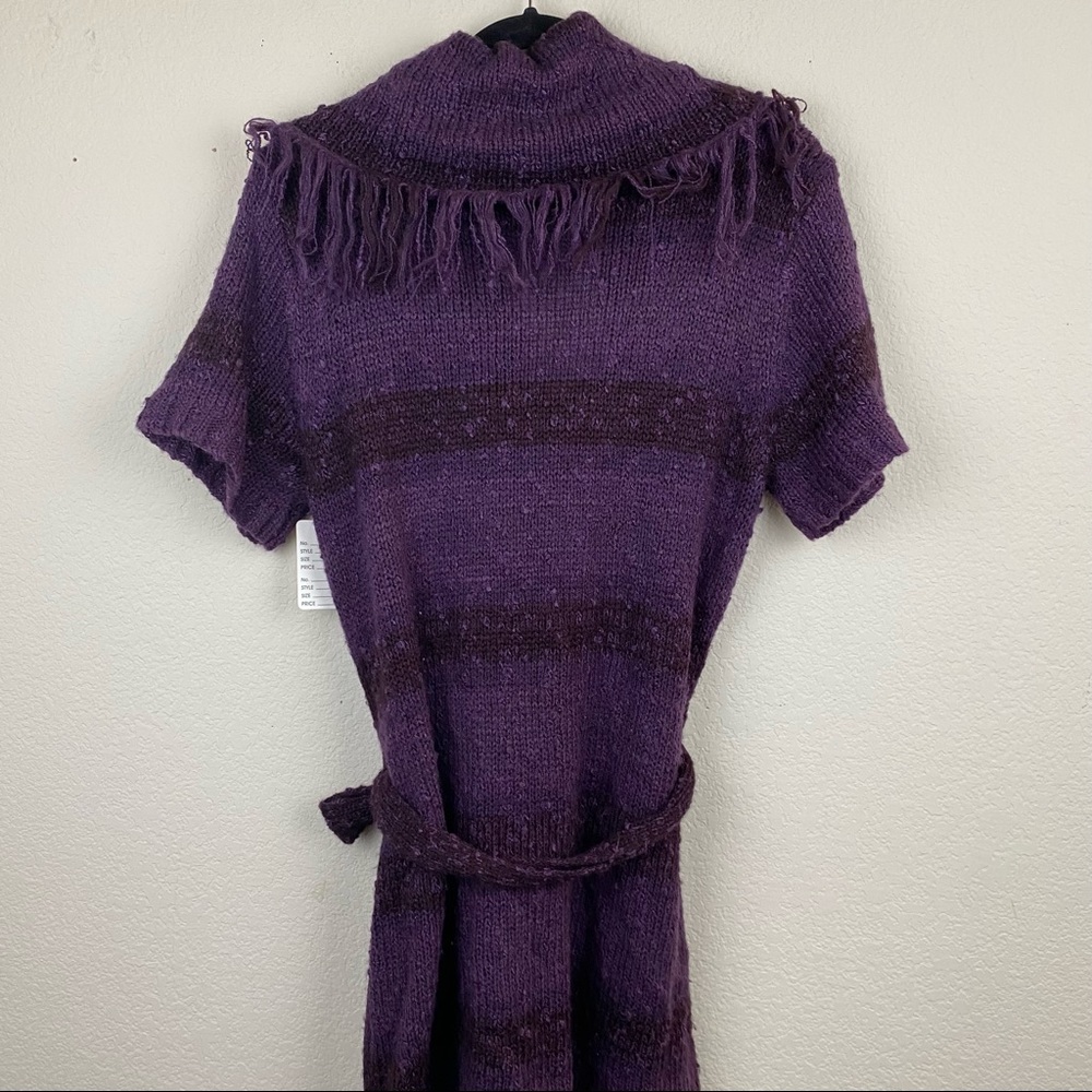 CATO Purple Oversized Cowl Neck Fringe Sweater LARGE Belted Tunic Boho Chic F85 - Picture 9 of 14